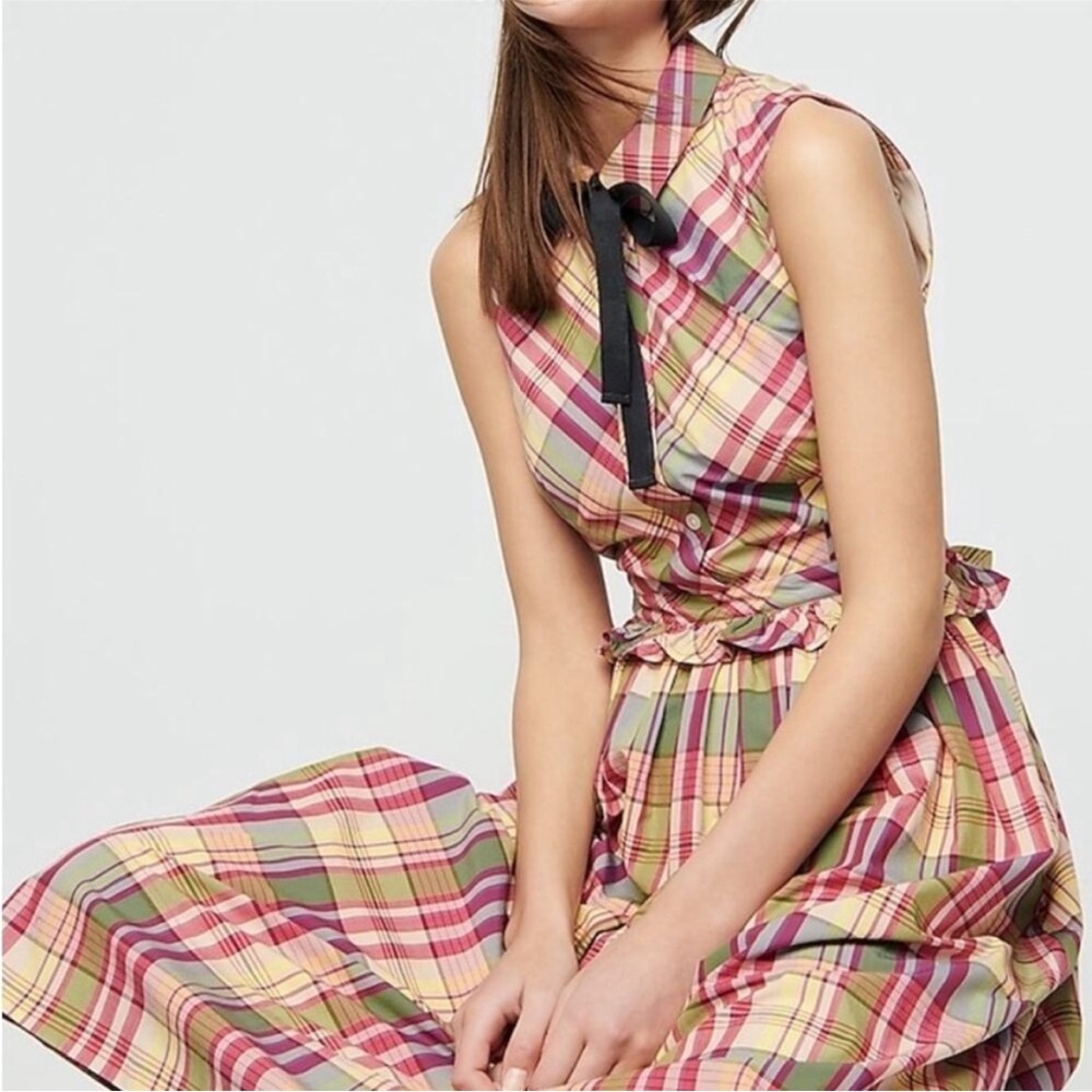 J Crew Women’s Multicolor Plaid Sleeveless Bow tie Collar Button Shirtdress 6